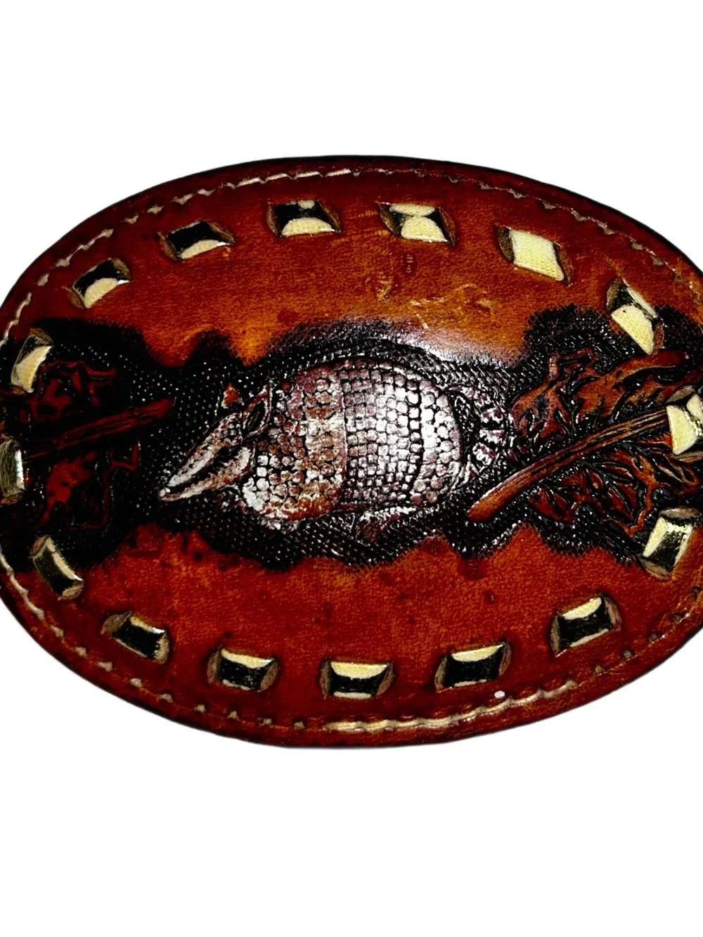 Tony Lama ~ Vintage ~ Brown ~ Armadillo Texas Western Leather Tooled Belt Buckle